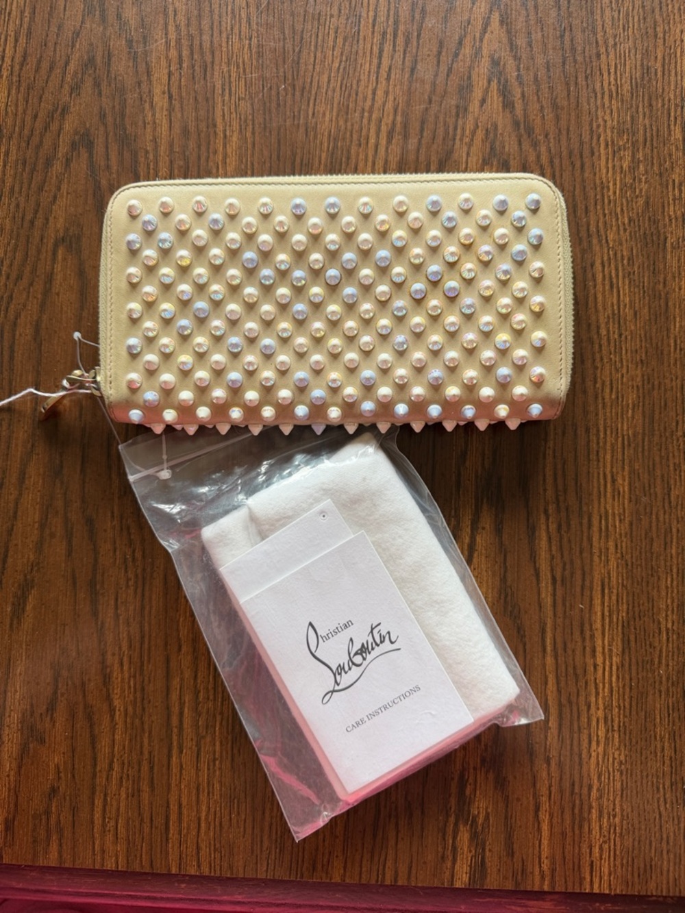 Christian Louboutin Cream Pearl & Metallic Stud Zip Wallet